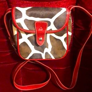 Leather Cross Body Purse. Cow Print, Red Trim. 7”tall 7.5”wide.